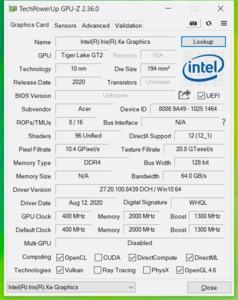 GPUz und CPUz des Acer Aspire 5 A515-56-511A