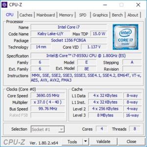 Auch der Intel Core i7-8550U verfügt über vier CPU-Kerne, erreicht in der Spitze aber bis zu 4,0 GHz und einen größeren L3-Cache