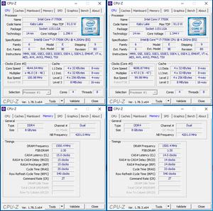 oben links: CPU-OC mit 4,64 GHz; oben rechts: CPU-OC (4,7 GHz) mit mehr VCore; unten links: RAM-OC mit XMP; unten rechts: manuelles RAM-OC
