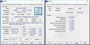 Links: Overclocking-Ergebnis mit 4,5 GHz bei 1,295 Volt laut BIOS; rechts: Das manuelle RAM-Overclocking-Ergebnis.