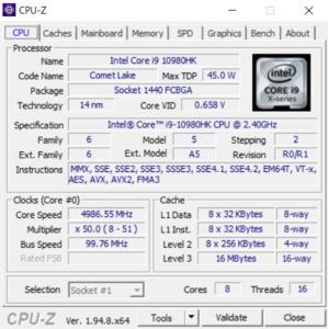 GPUz und CPUz des MSI GE66 Raider 10SFS